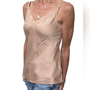 Etam 100% Silk Lace Trim Camisole Nude Beige Tank Top Size M Minimalist Chic